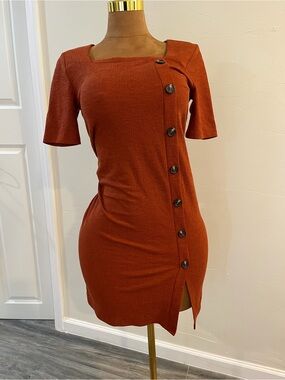 PerSeption Concept Rust Button-Front Square Neck Mini Dress
